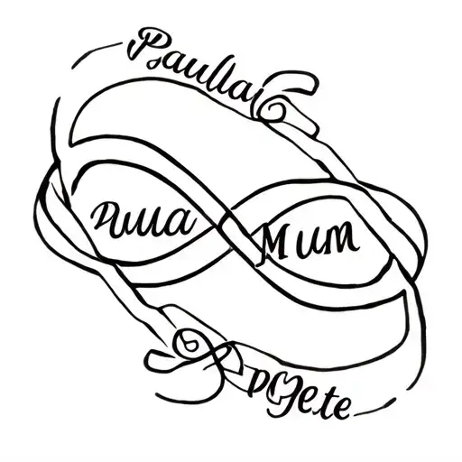 an infinity symbol made of 4 names intertwined the names are 'Paula' Mum' 'Dad' Pete' in curasive font, infinity symbo tattoo design idea