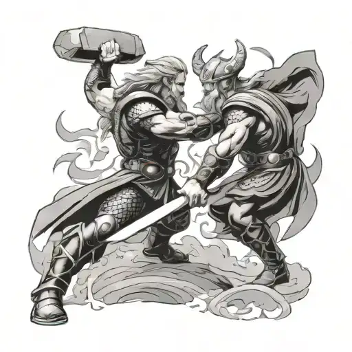 thor fighting midgardrsormr in norse style tattoo design idea