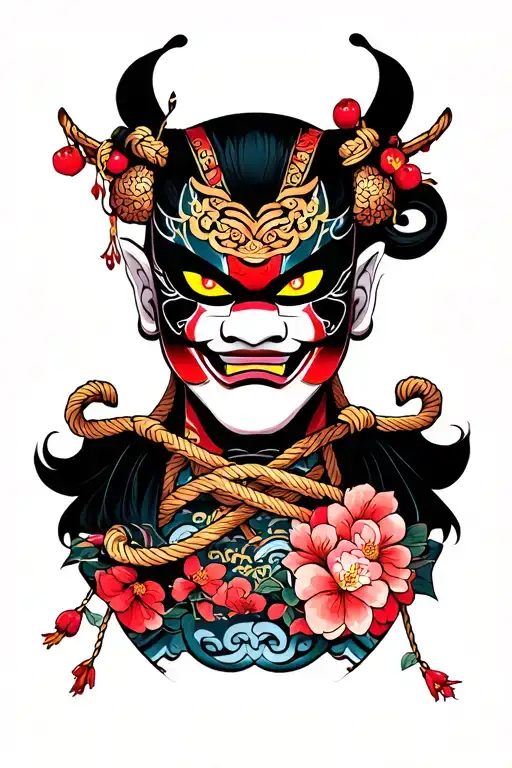 hannya mask with yellow eyes, traditional rope, cherry blossoms tattoo design idea