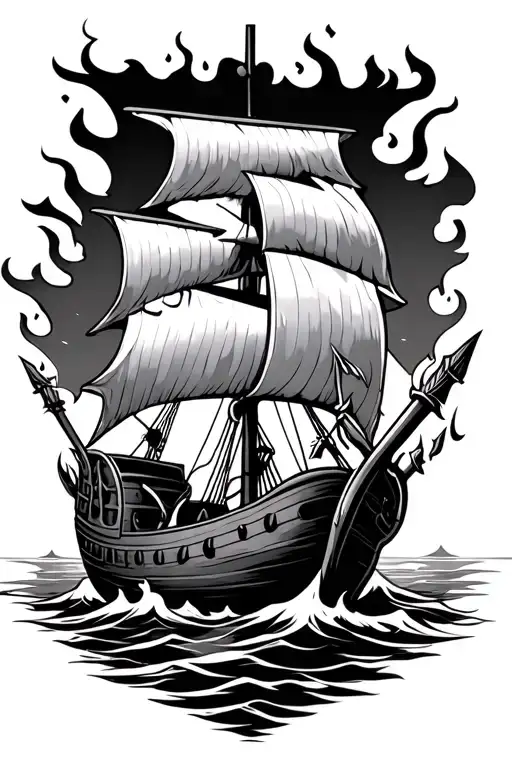 Viking ship shot by flaming arrows tattoo design idea