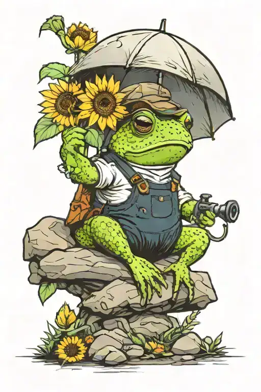 a toad sitting on a rock wearing a hat and overalls holding a sunflower by the stem like an umbrella tattoo design idea