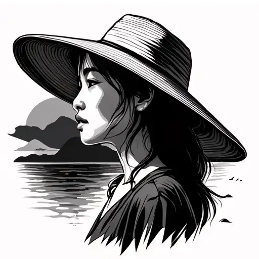 Vietnamese woman in profile with hat and sand at sunset tattoo design idea