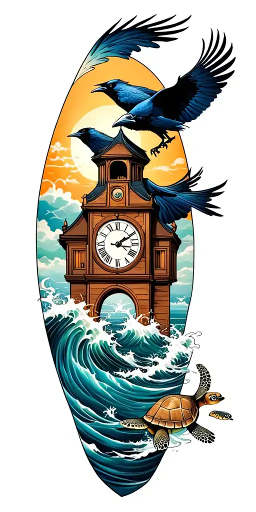 full sleeve tattoo featuring a raven flying around a clock tower with an ocean background that has a turtle swiming tattoo design idea