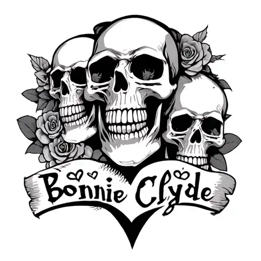 "Bonnie Clyde" skullheads hearts tattoo design idea