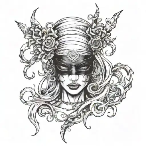 I want a tattoo design of an evil/demonic female figure with a blindfold. The blindfold should feature "XXVI" across it. tattoo design idea
