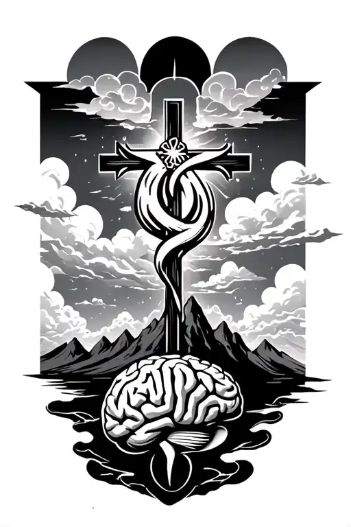 cross with clouds and mountains and then symbols to represent cancer and a brain tumor for my parents tattoo design idea