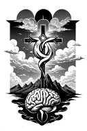 cross with clouds and mountains and then symbols to represent cancer and a brain tumor for my parents tattoo design idea