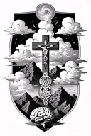 cross with clouds and mountains and then symbols to represent cancer and a brain tumor for my parents tattoo design idea