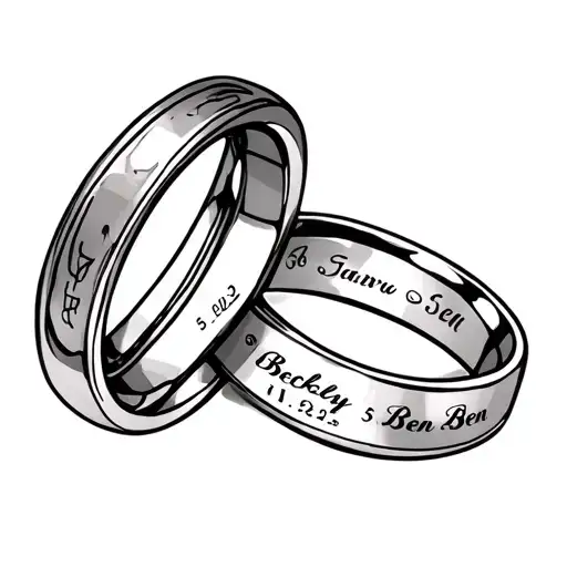 2 wedding rings interlocking with names Becky and Ben date 5.11.2021 tattoo design idea
