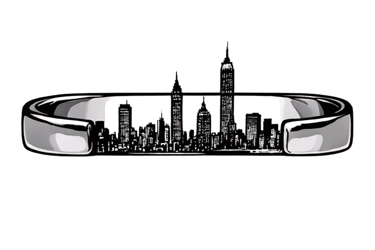 a wrist tattoo of a ring with new York skyline that includes refrences from seinfeld tattoo design idea