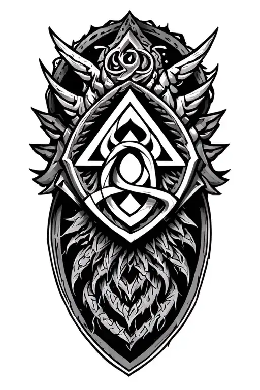 valhalla with valknut symbol intertwined. YGGDRASIL in the background tattoo design idea