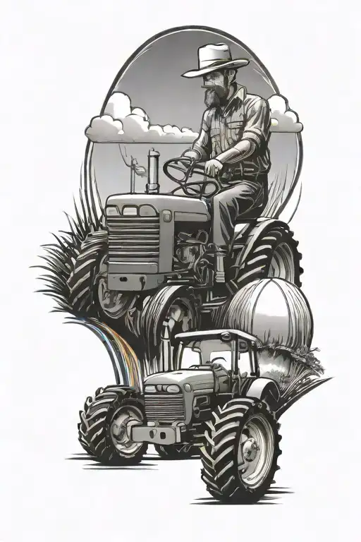 farmer and tractor driving on rainbow tattoo design idea