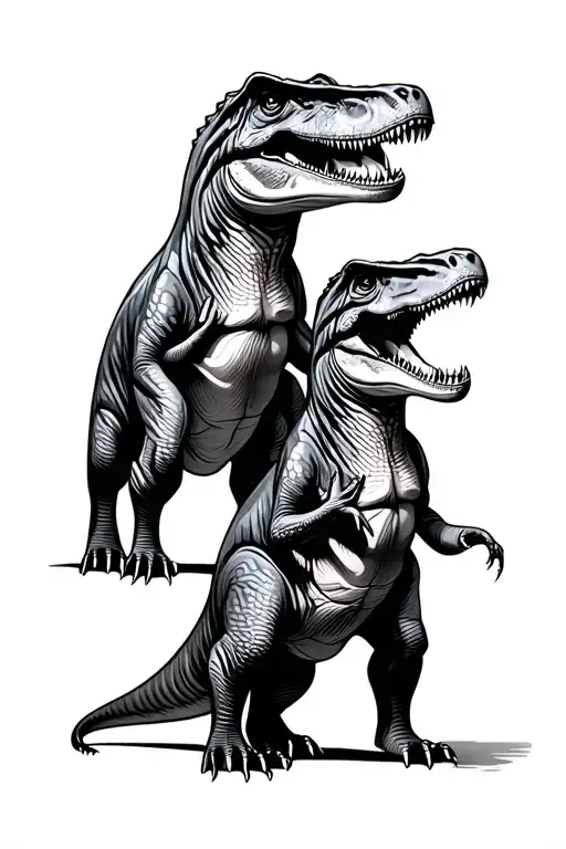 Family of 4 T-Rex with expressions of joy and family love, dad, mom, daughter and son tattoo design idea