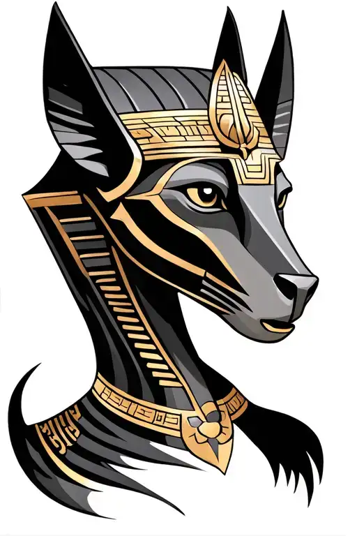 Anubis tattoo design supplemented with a double Egyptian crown, the skin of the beast, the divine sign of Sehim,  tattoo design idea