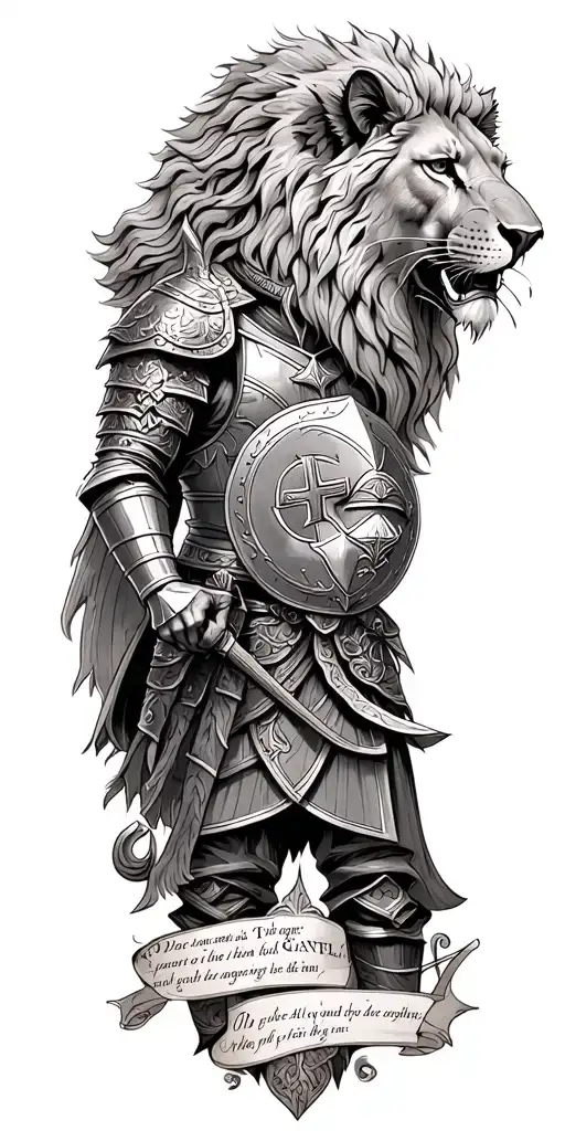 knight templar with a lion and a warrior bible verse written tattoo design idea