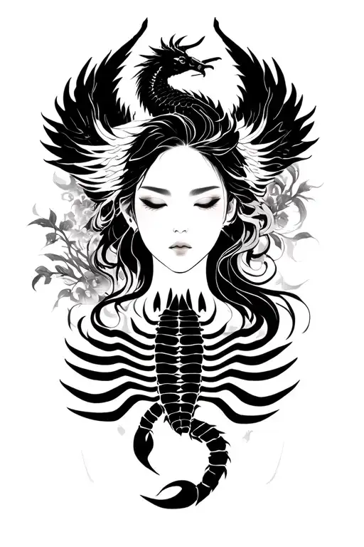 sillouette of a woman's face, serene and powerful. A scorpion showing her chest, reincarnate phoenix and dragon tattoo design idea