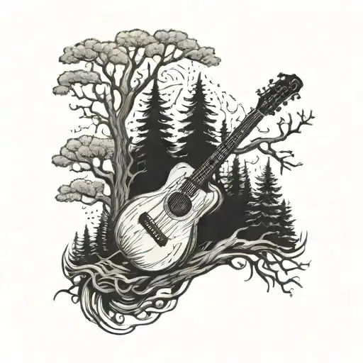A landscape of trees with guitars growing from their branches tattoo design idea