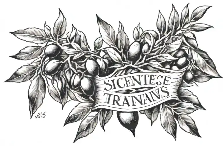 the sentence "sic semper tyrannis" with branch and leaf from an olive tree tattoo design idea