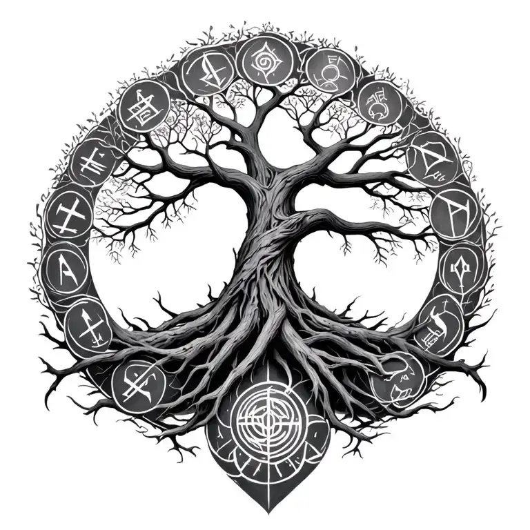 Yggdrasil, the World Tree, intertwined with Nordic runes representing resilience and growth tattoo design idea