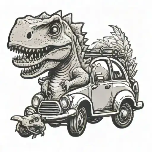 small cute dinosaur sat in a car, no background. tattoo design idea