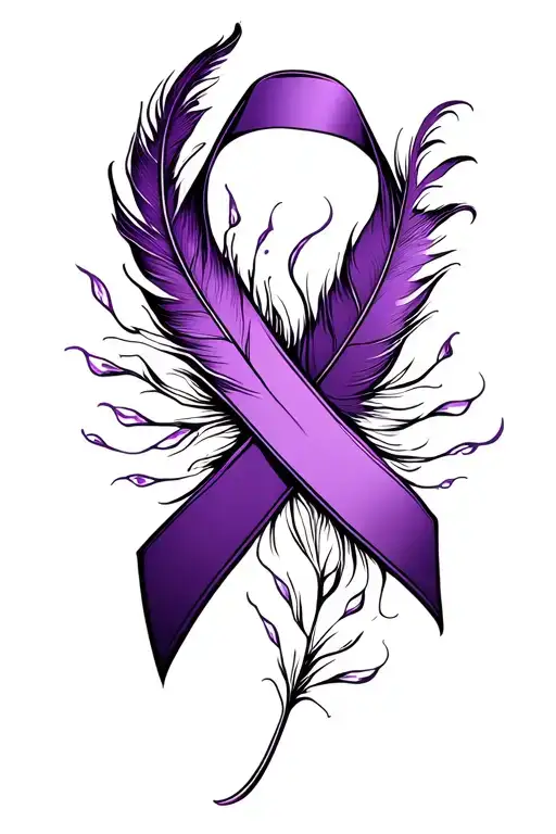 breast cancer ribbon purple ribbon with a feather as one side tattoo design idea