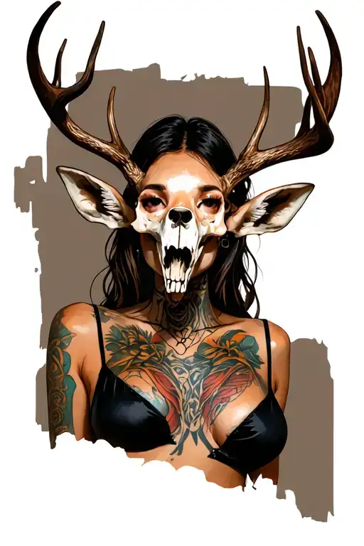 sexy woman with deer skull head tattoo design idea
