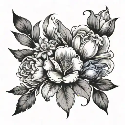 rose, crocus, violet, iris, lily and larkspur flowers intertwined tattoo design idea