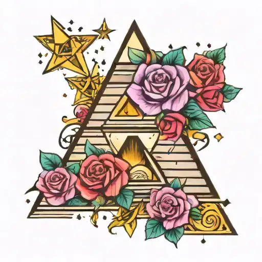 colorful roses and stars with the pyramid and eyeball  tattoo design idea