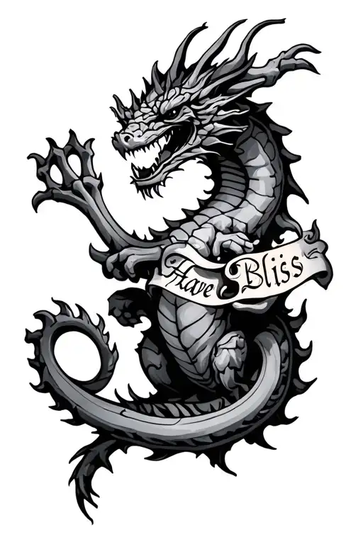 Playing bones, dragon and an inscription Have Bliss tattoo design idea