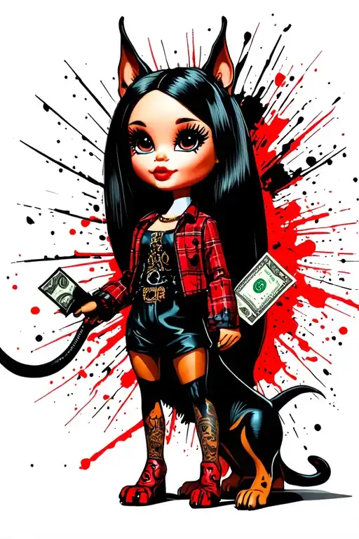Bratz doll with long eyelashes, Doberman at his feet, a pack of dollars in his hand, against the backdrop of rays and bucks tattoo design idea