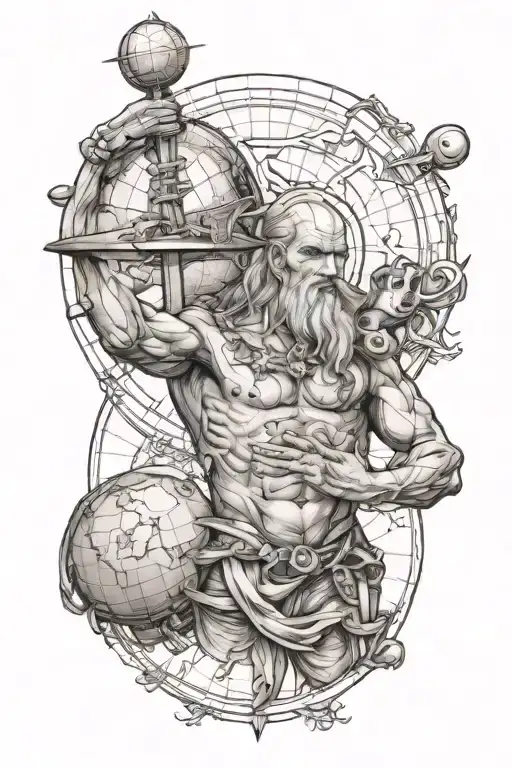 atlas holding world mixed with davinci style tattoo sketch tattoo design idea