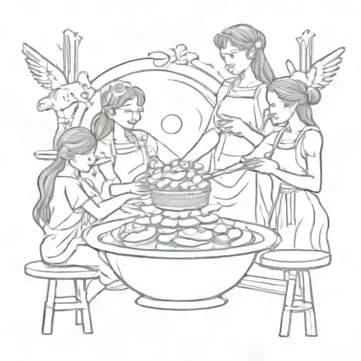 A sketch tattoo of a mother goddess baking pastries with her four sons, representing family and creativity tattoo design idea