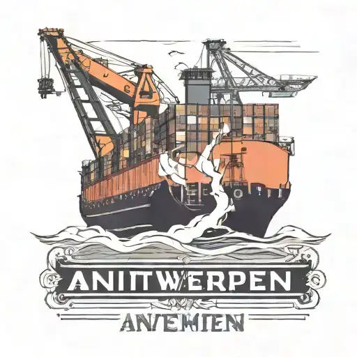 Container Ship with a crane behind and text Antwerpen below tattoo design idea