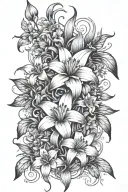 Spine tattoo with planets and belladonna lilies, calla lilies, poppys, gladiolus, aster, morning glories, daffodils,  tattoo design idea