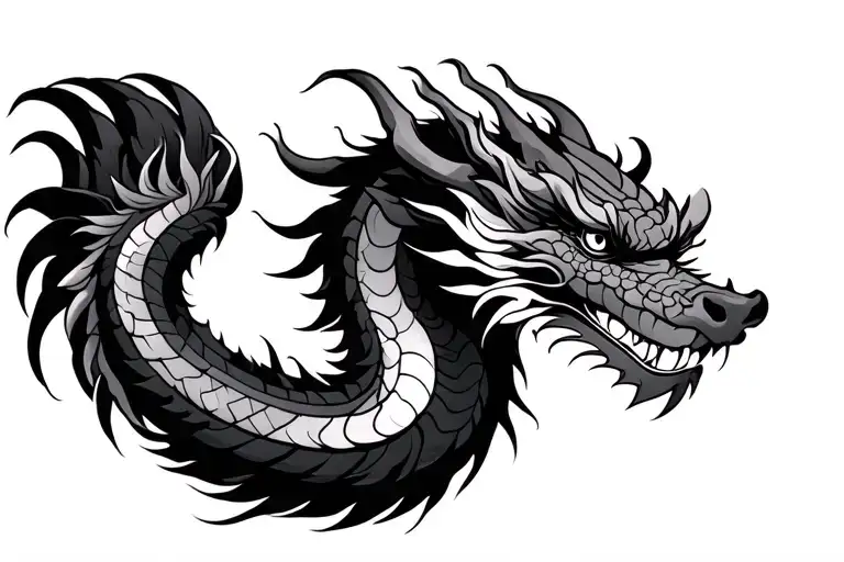single head traditional Japanese dragon without wings black and grey full length design tattoo design idea