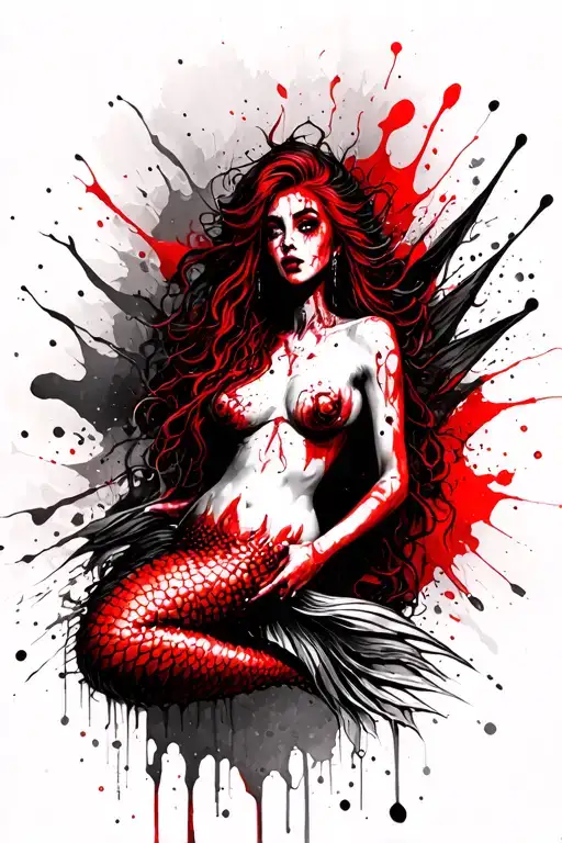 evil mermaid topless with nipple piercings sexy nightmare tattoo design idea