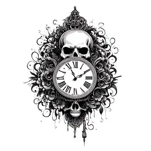 old time clock with time new roman numerals with skull  tattoo design idea