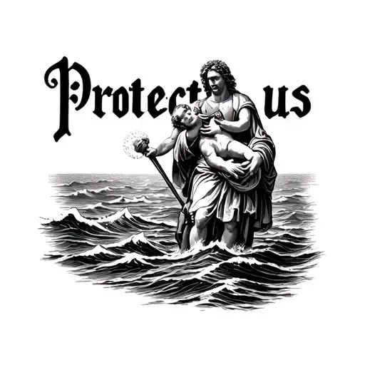 "Protect us" saint Christopher carrying the Christ child across rough water tattoo design idea