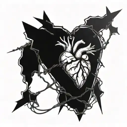 anatomical heart wrapped with barbed wire wrapped tattoo design idea