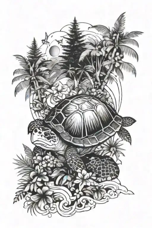 half sleeve tattoo idea, black and white, including the spirit animal turtle in nature, such as a tropical forest, that  tattoo design idea