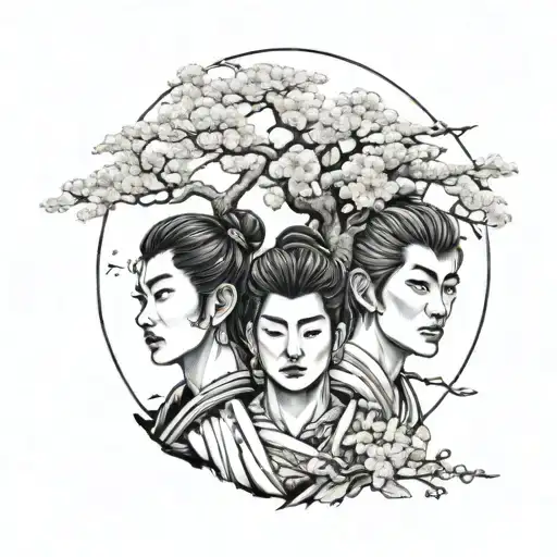 three Japanese faces one on top of the other with sakura tree tattoo design idea