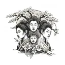 three Japanese faces one on top of the other with sakura tree tattoo design idea