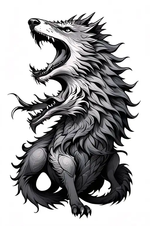 "Wolf roaring " Gray wolf and dragon wrapped tattoo design idea