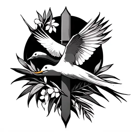 a cross with the bird of paradise on the right side and a dove on the left tattoo design idea