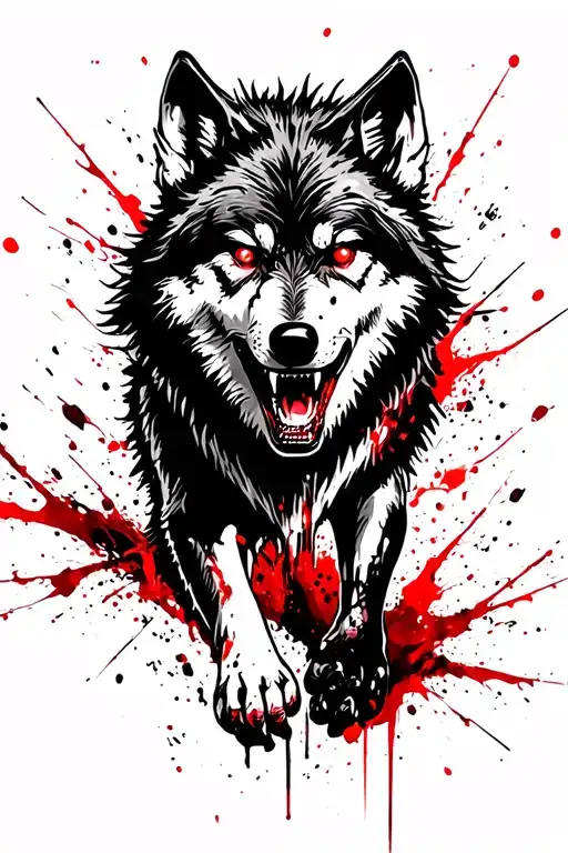 house of wolves from MCR, big monster wolf black and red, scary, red eyes, scratch marks, full body of wolf, stalking tattoo design idea