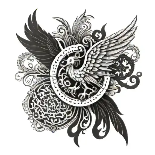 An intricate design combining elements of Aries, a phoenix, and Saint George slaying a dragon, with a key of Saint Peter incorporated into the background tattoo design idea