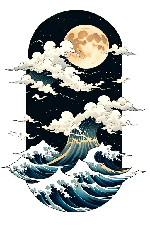 Japanese cloud tattoo with wave and moon tattoo design idea