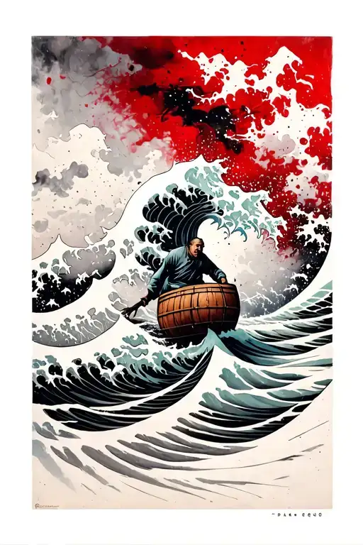 a destitute man in a barrell riding the great wave tattoo design idea