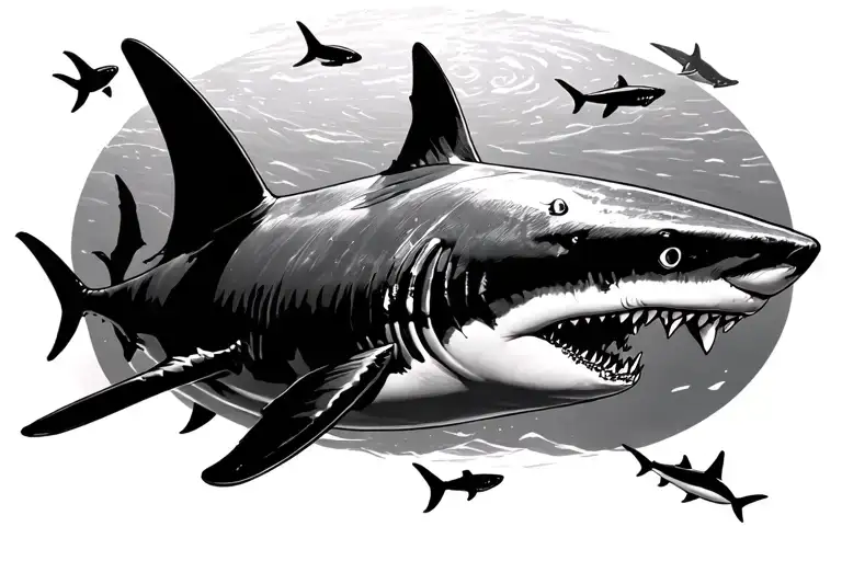 big shark in ocean with 3 shadowed baby sharks in the distance tattoo design idea