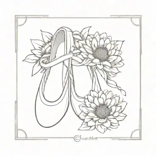 ballet shoes, a zinnia, and the sun rising tattoo design idea